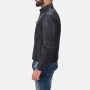 
Austere Matte Black Leather Biker Jacket - Lateral Side Profile View Showing Sleeve Cut & Athletic Taper Fit