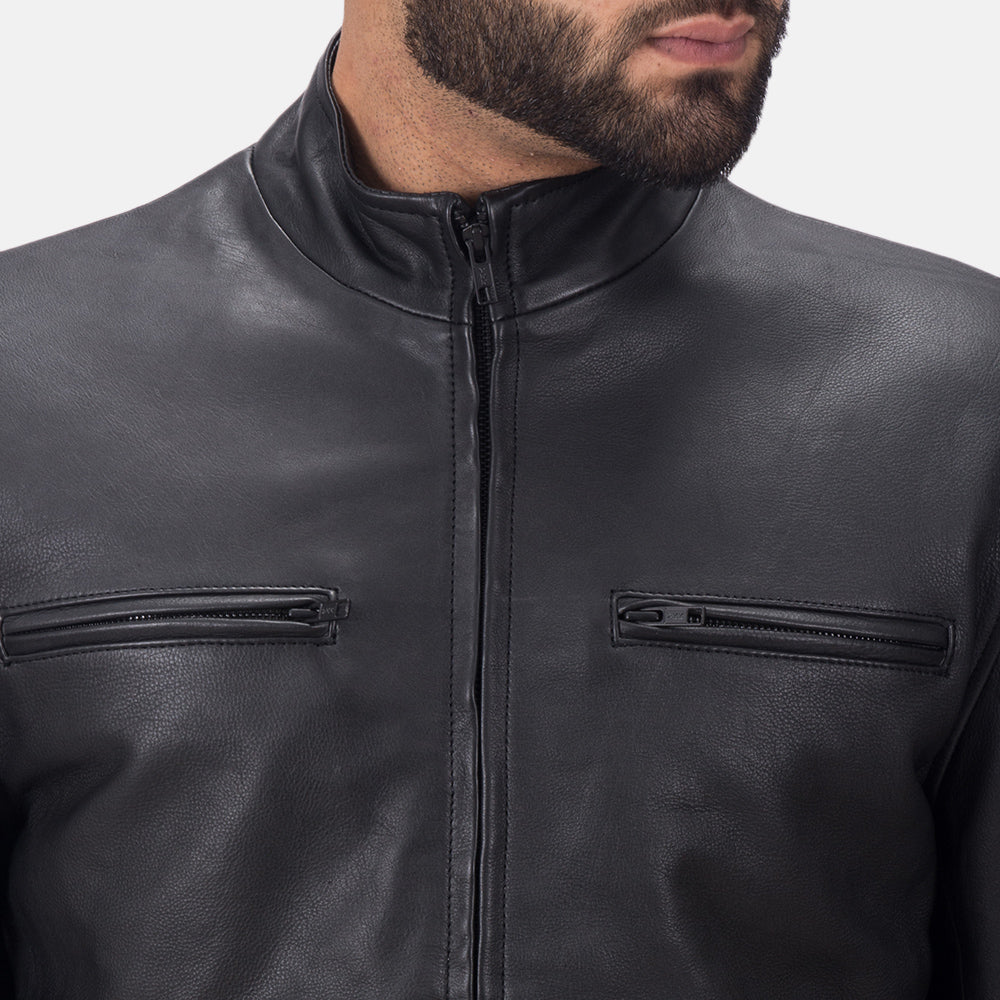 
Close-Up Detail of High neck & Zipper Hardware on Austere Matte Black Leather Biker Jacket
