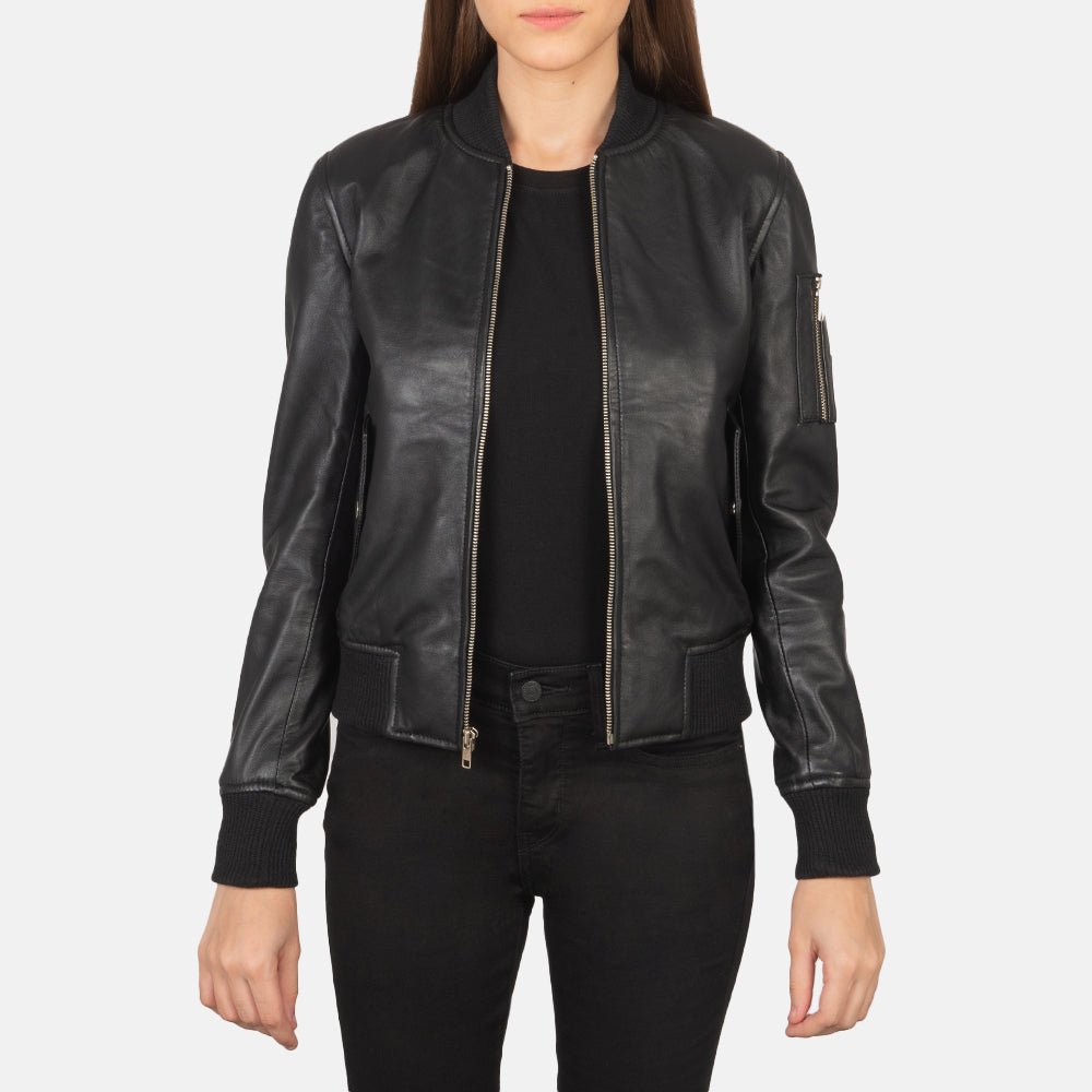 
Women's Ava Ma-1 Black Leather Bomber Jacket in Black Sheepskin Leather - Front Profile View & Tailored Silhouette | Buy Online