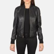 
Women's Ava Ma-1 Black Leather Bomber Jacket in Black Sheepskin Leather - Front Profile View & Tailored Silhouette | Buy Online