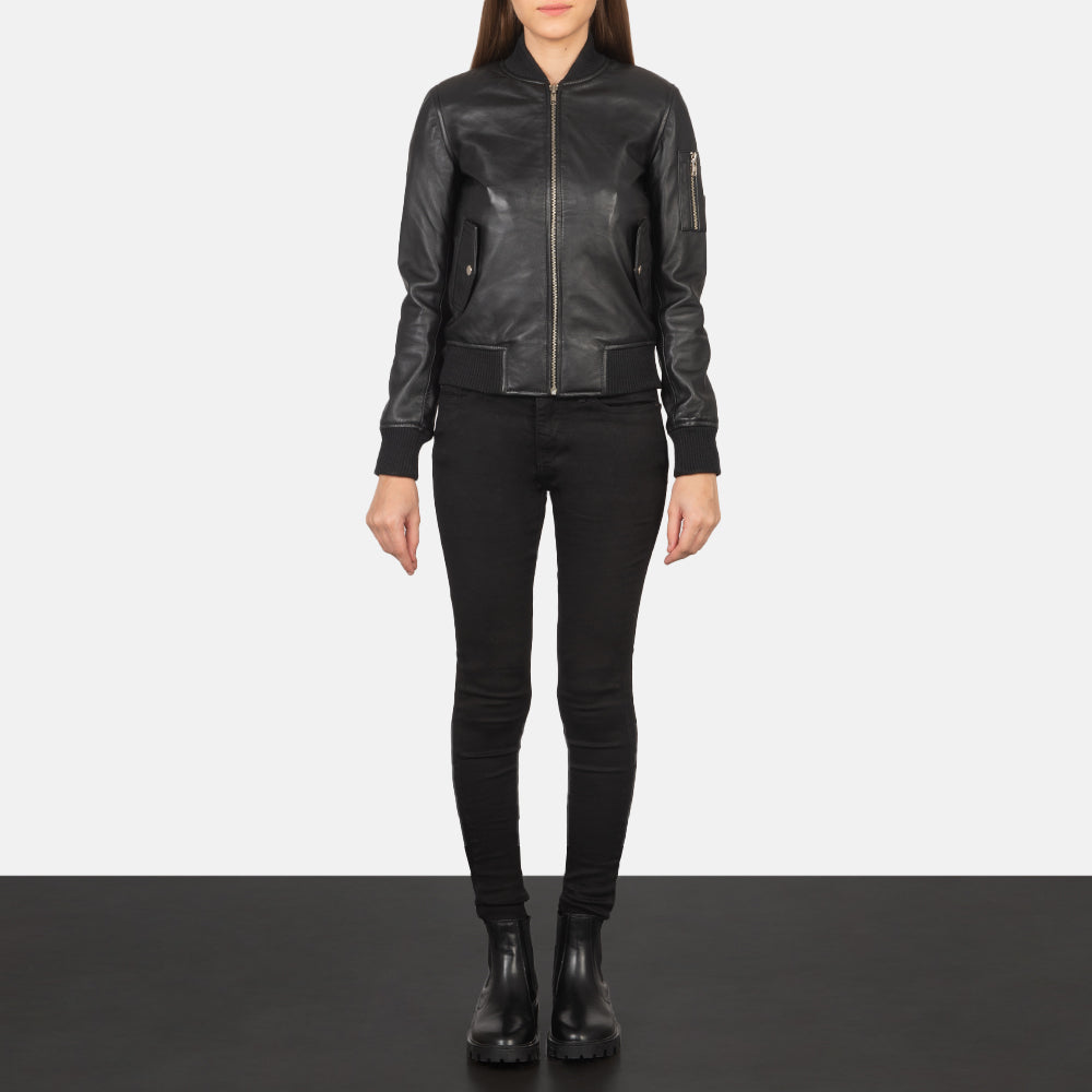 
Women's Ava Ma-1 Black Leather Bomber Jacket - Lateral Side Profile View Showing Sleeve Cut & Athletic Taper Fit