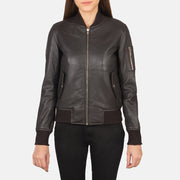 
Close-Up Detail of Rib Knit & Zipper Hardware on Women's Ava Ma-1 Brown Leather Bomber Jacket