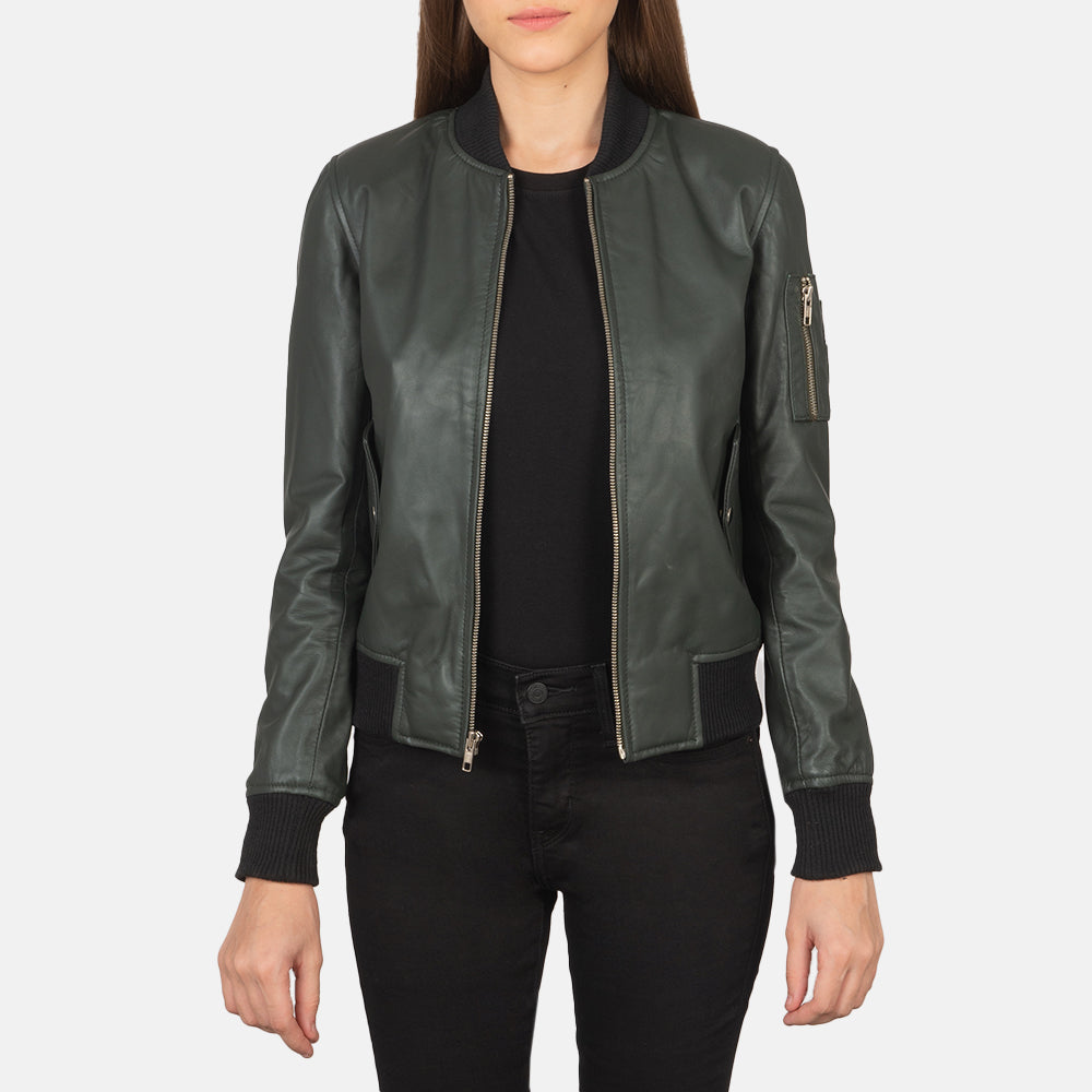 
Ava Ma-1 Green Leather Bomber Jacket in Green Sheepskin Leather - Front Profile View & Tailored Silhouette | Buy Online
