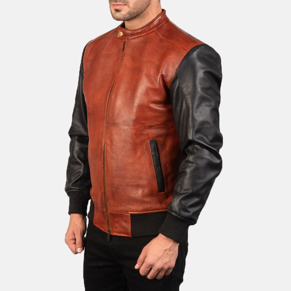 
Styled Fit Perspective of Avan Black Leather Bomber Jacket on Model - Natural Daylight Drape