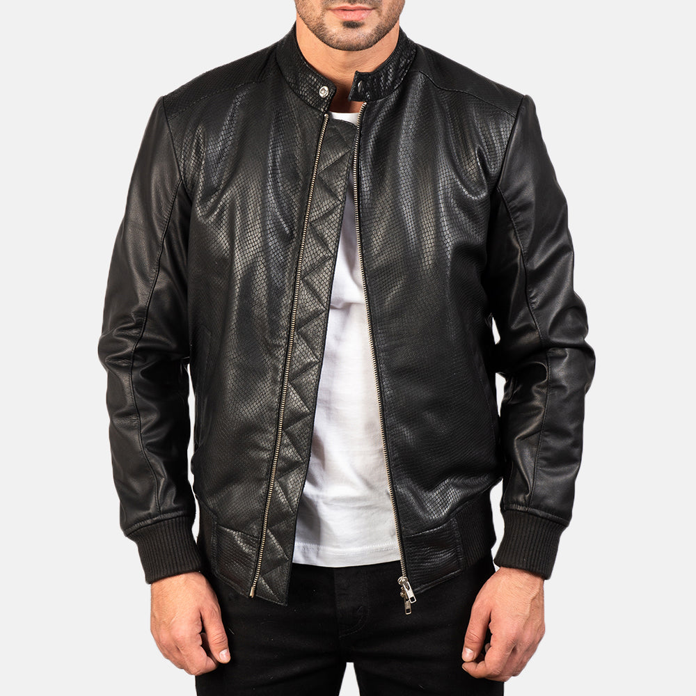 
Avan Black Leather Bomber Jacket in Black Cowhide (Torso) &Amp; Goatskin (Sleeves) Leather - Front Profile View & Tailored Silhouette | Buy Online