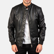 
Avan Black Leather Bomber Jacket in Black Cowhide (Torso) &Amp; Goatskin (Sleeves) Leather - Front Profile View & Tailored Silhouette | Buy Online