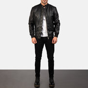 
Avan Black Leather Bomber Jacket - Lateral Side Profile View Showing Sleeve Cut & Athletic Taper Fit