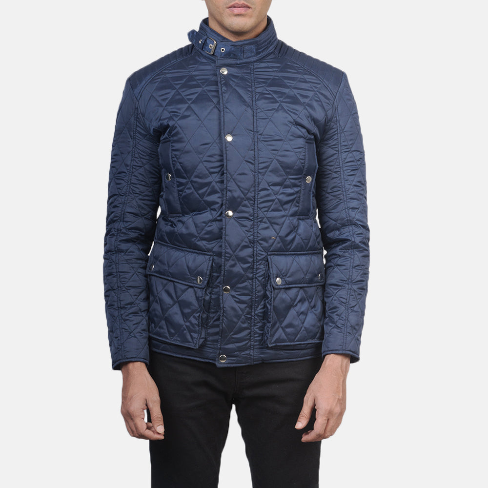 
Men's Barry Quilted Blue Windbreaker Jacket - Lateral Side Profile View Showing Sleeve Cut & Athletic Taper Fit