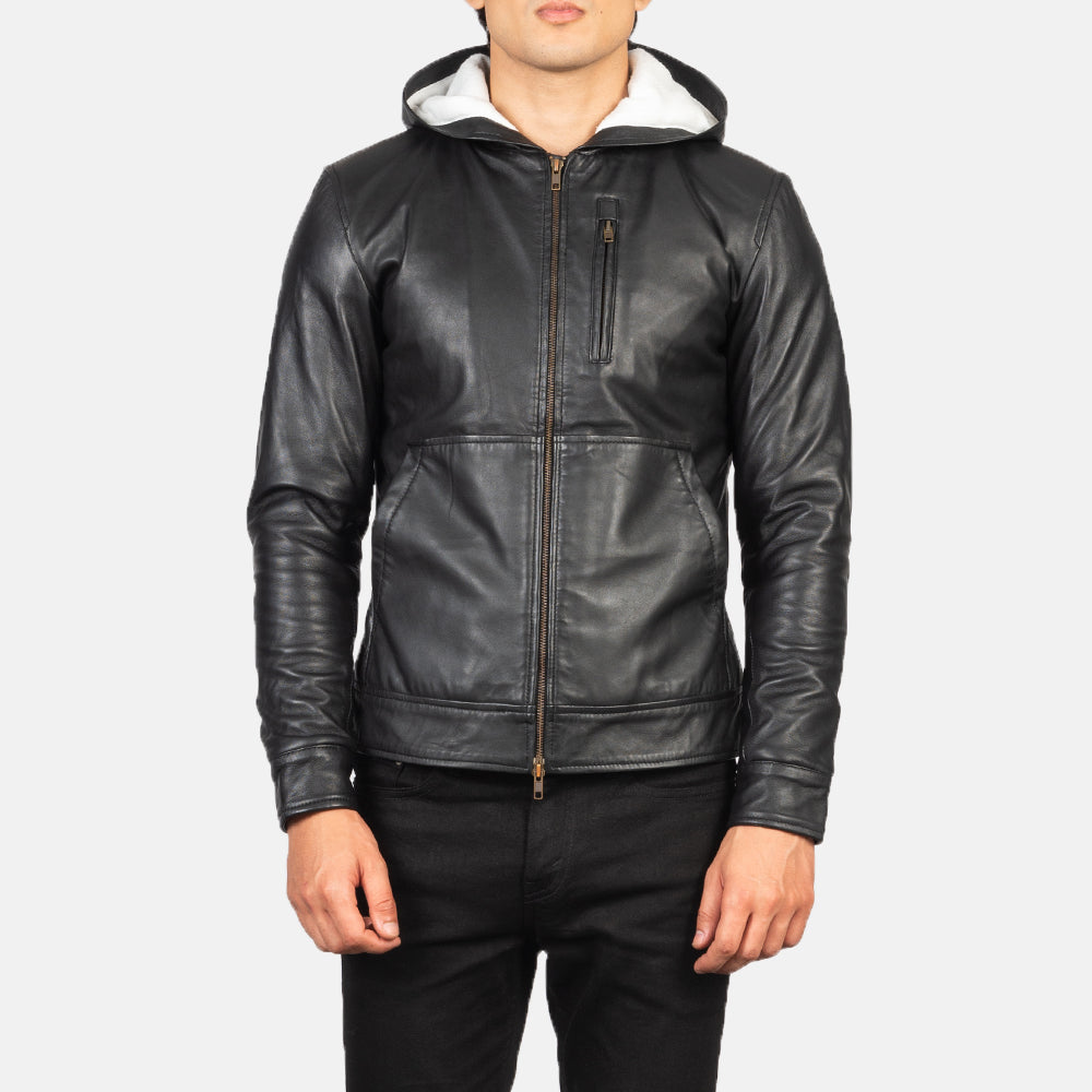 
Close-Up Detail of Hooded & Zipper Hardware on Men's Baston Black Hooded Leather Bomber Jacket