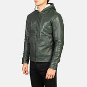 
Styled Fit Perspective of Men's Baston Black Hooded Leather Bomber Jacket on Model - Natural Daylight Drape