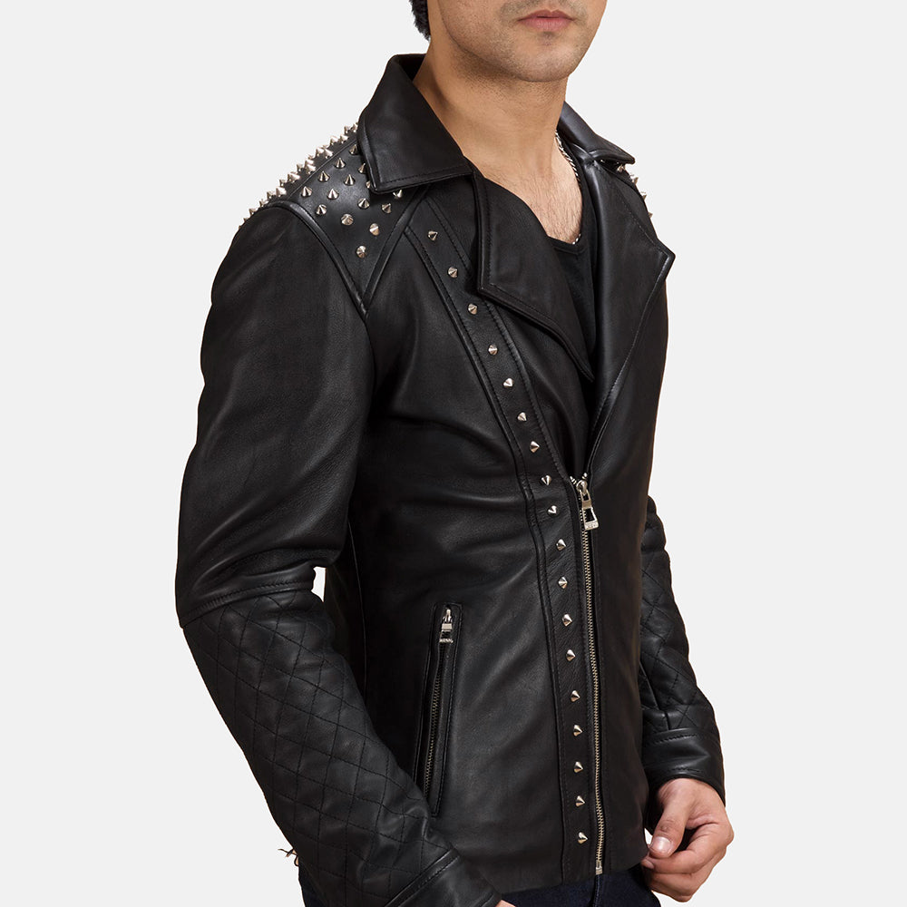 
Black Sheepskin Leather Biker Jacket - Back View Showing Tailored Shoulder Fit & Clean Hemline