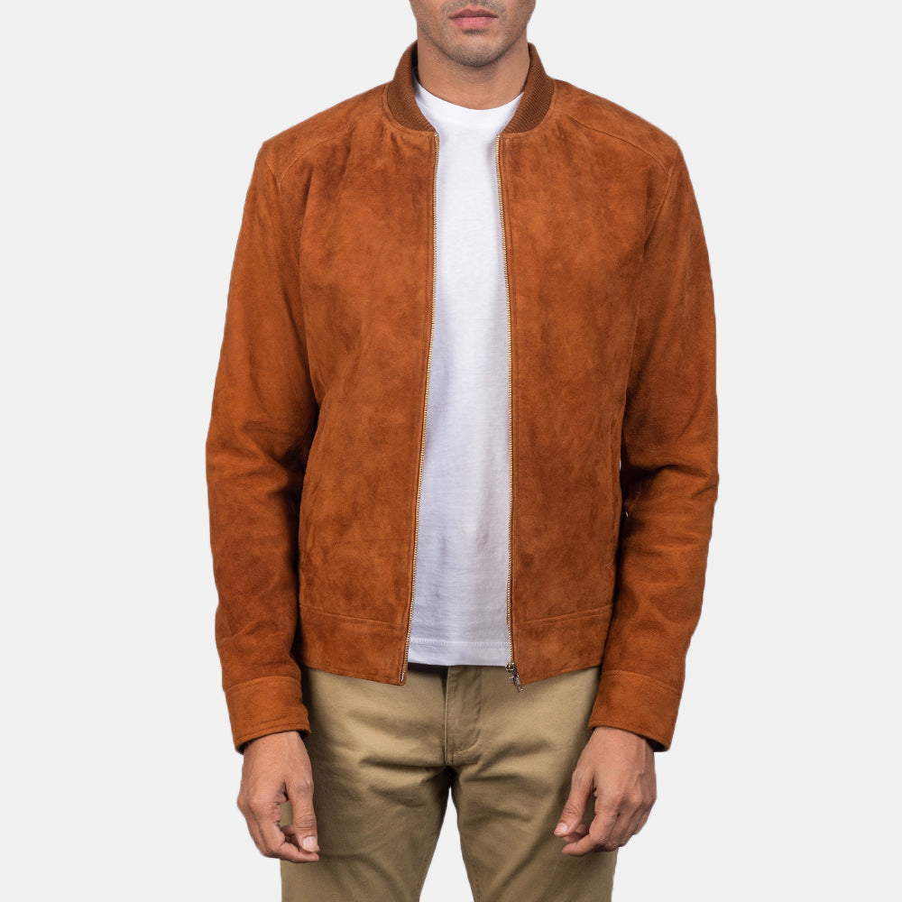 
Snap Button & Hem Craftsmanship Construction Detail on Men's Blain Brown Suede Bomber Jacket
