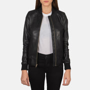 
Women's Bliss Black Leather Bomber Jacket in Black Sheepskin Leather - Front Profile View & Tailored Silhouette | Buy Online