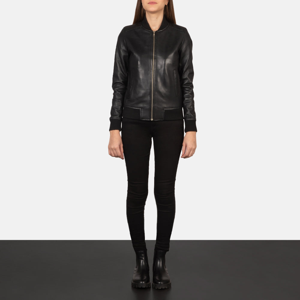 
Women's Bliss Black Leather Bomber Jacket - Lateral Side Profile View Showing Sleeve Cut & Athletic Taper Fit