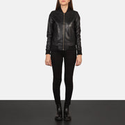 
Women's Bliss Black Leather Bomber Jacket - Lateral Side Profile View Showing Sleeve Cut & Athletic Taper Fit