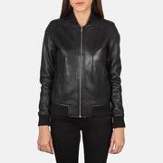 
Close-Up Detail of Varsity - Rib Knit & Zipper with Wind Flap Hardware on Women's Bliss Black Leather Bomber Jacket