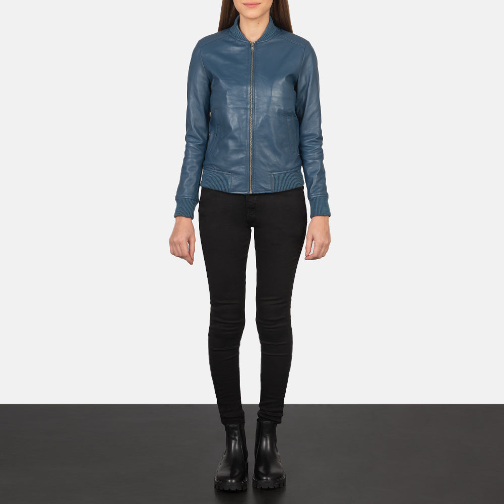 
Women's Bliss Blue Leather Bomber Jacket - Lateral Side Profile View Showing Sleeve Cut & Athletic Taper Fit