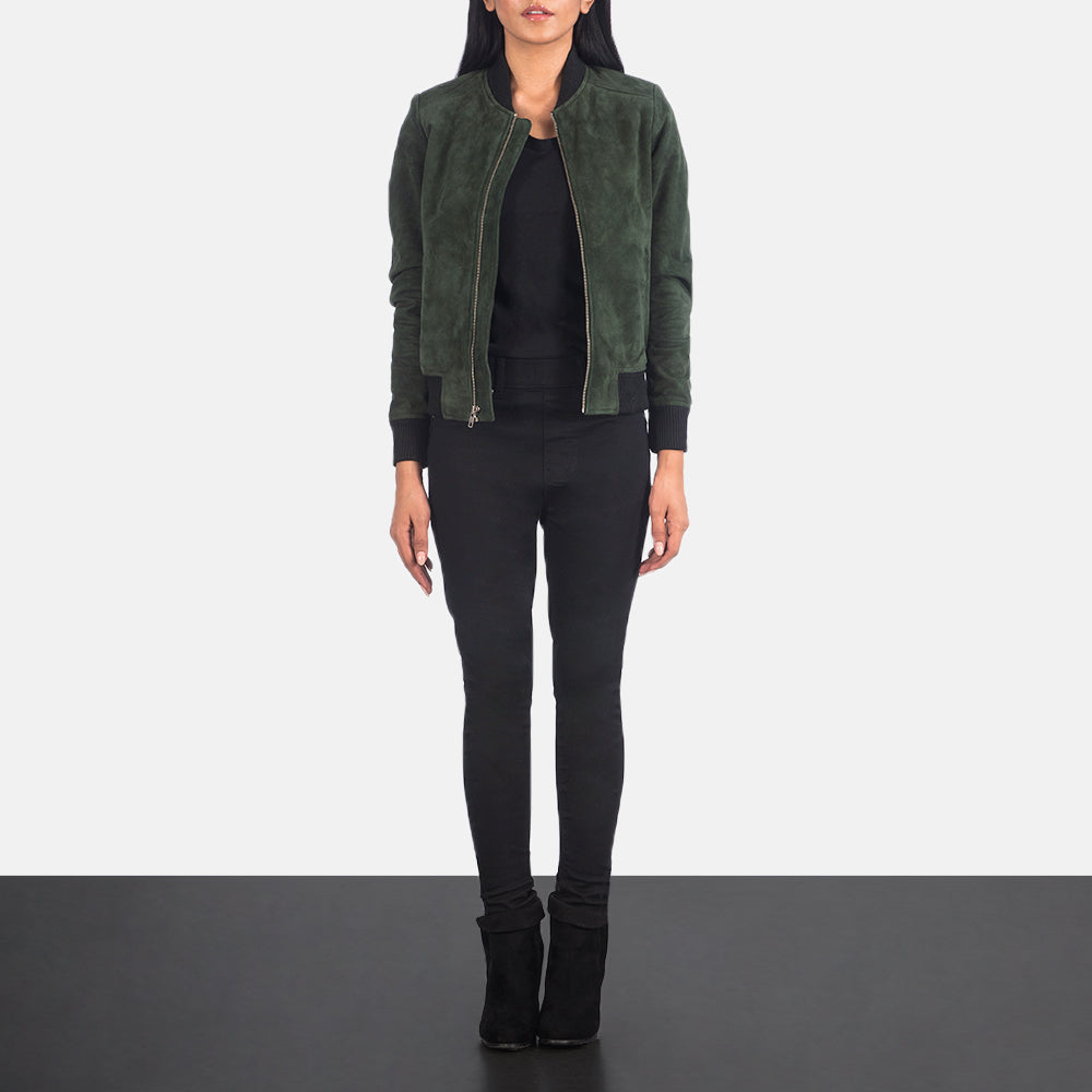 
Women's Bliss Green Suede Bomber Jacket - Lateral Side Profile View Showing Sleeve Cut & Athletic Taper Fit