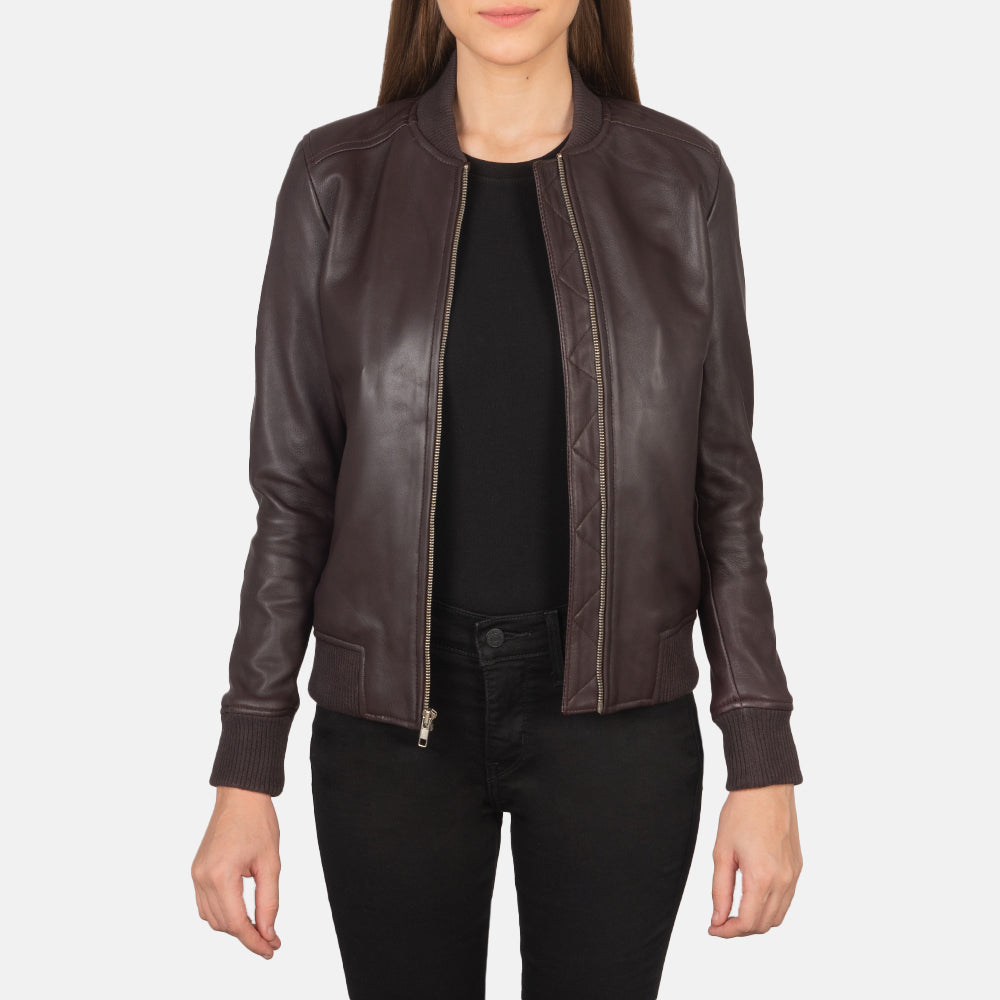 
Women's Bliss Maroon Leather Bomber Jacket in Maroon Sheepskin Leather - Front Profile View & Tailored Silhouette | Buy Online