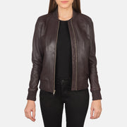 
Women's Bliss Maroon Leather Bomber Jacket in Maroon Sheepskin Leather - Front Profile View & Tailored Silhouette | Buy Online