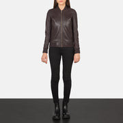 
Women's Bliss Maroon Leather Bomber Jacket - Lateral Side Profile View Showing Sleeve Cut & Athletic Taper Fit