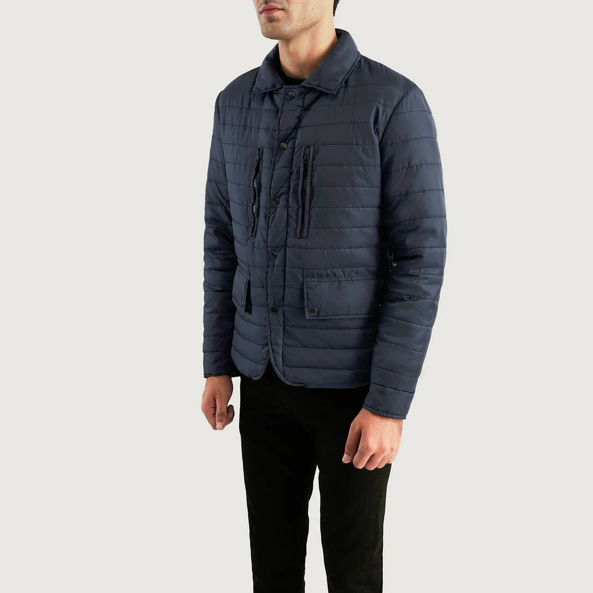 
Navy Blue Nylon Winter Jacket - Back View Showing Tailored Shoulder Fit & Clean Hemline
