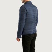 
Close-Up Detail of High neck & Button Hardware on Men's Bo Quilt Windbreaker Jacket