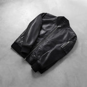 
Rib Knit & Hem Craftsmanship Construction Detail on Men's Bomia Ma-1 Black Leather Bomber Jacket