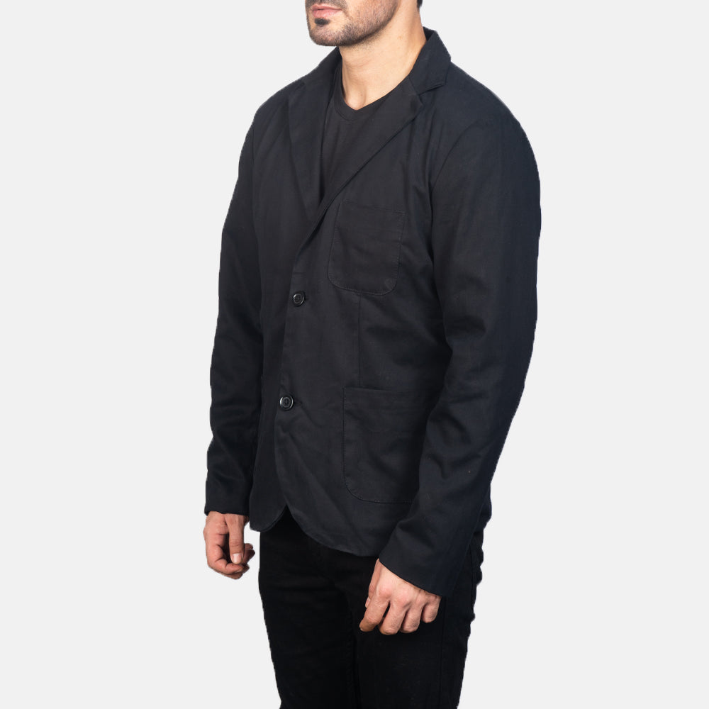 
Black Poly-Cotton Leather Blazer - Back View Showing Tailored Shoulder Fit & Clean Hemline