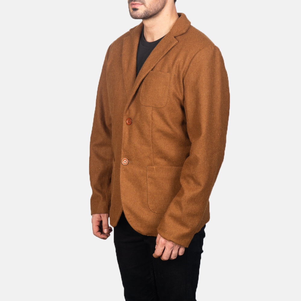 
Khaki Synthetic Wool Leather Blazer - Back View Showing Tailored Shoulder Fit & Clean Hemline