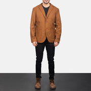 
Men's Khaki Wool Blazer - Lateral Side Profile View Showing Sleeve Cut & Athletic Taper Fit