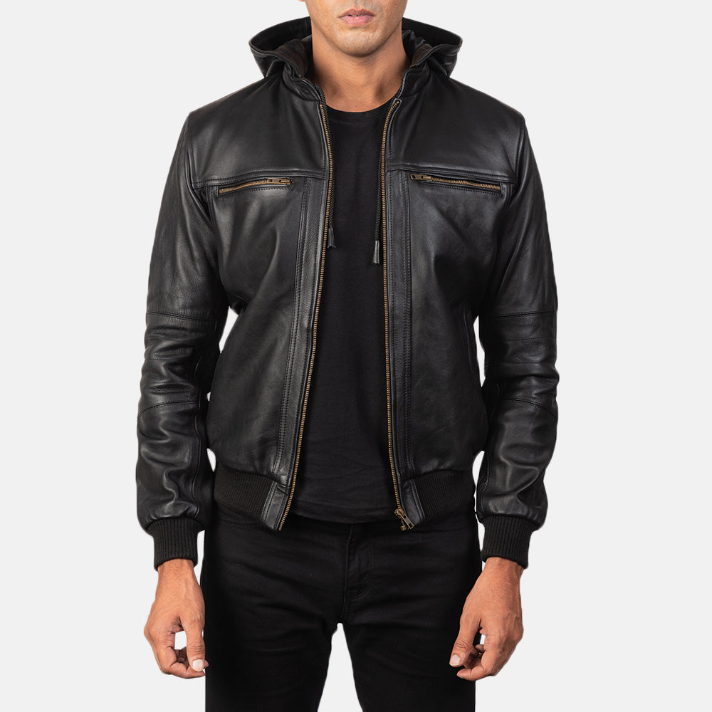 
Men's Bouncer Biz Black Leather Hooded Bomber Jacket in Black Cowhide Leather - Front Profile View & Tailored Silhouette | Buy Online