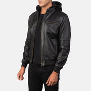 
Black Cowhide Leather Bomber Jacket - Back View Showing Tailored Shoulder Fit & Clean Hemline