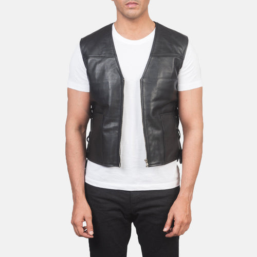 Men's Brandon Black Leather Vest in Black Sheepskin Leather - Front Profile View & Tailored Silhouette | Buy Online