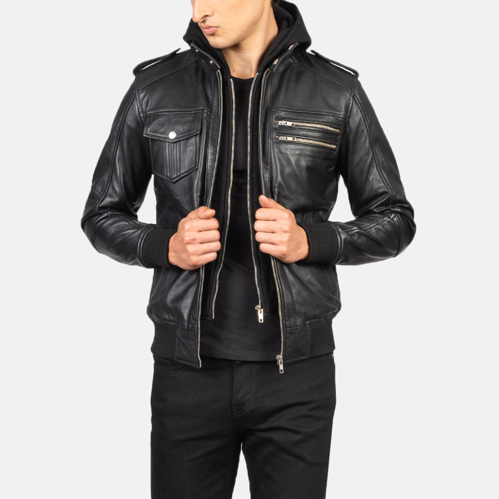 
Men's Bravado Black Hooded Leather Bomber Jacket in Black Sheepskin Leather - Front Profile View & Tailored Silhouette | Buy Online