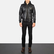 
Men's Bravado Black Hooded Leather Bomber Jacket - Lateral Side Profile View Showing Sleeve Cut & Athletic Taper Fit