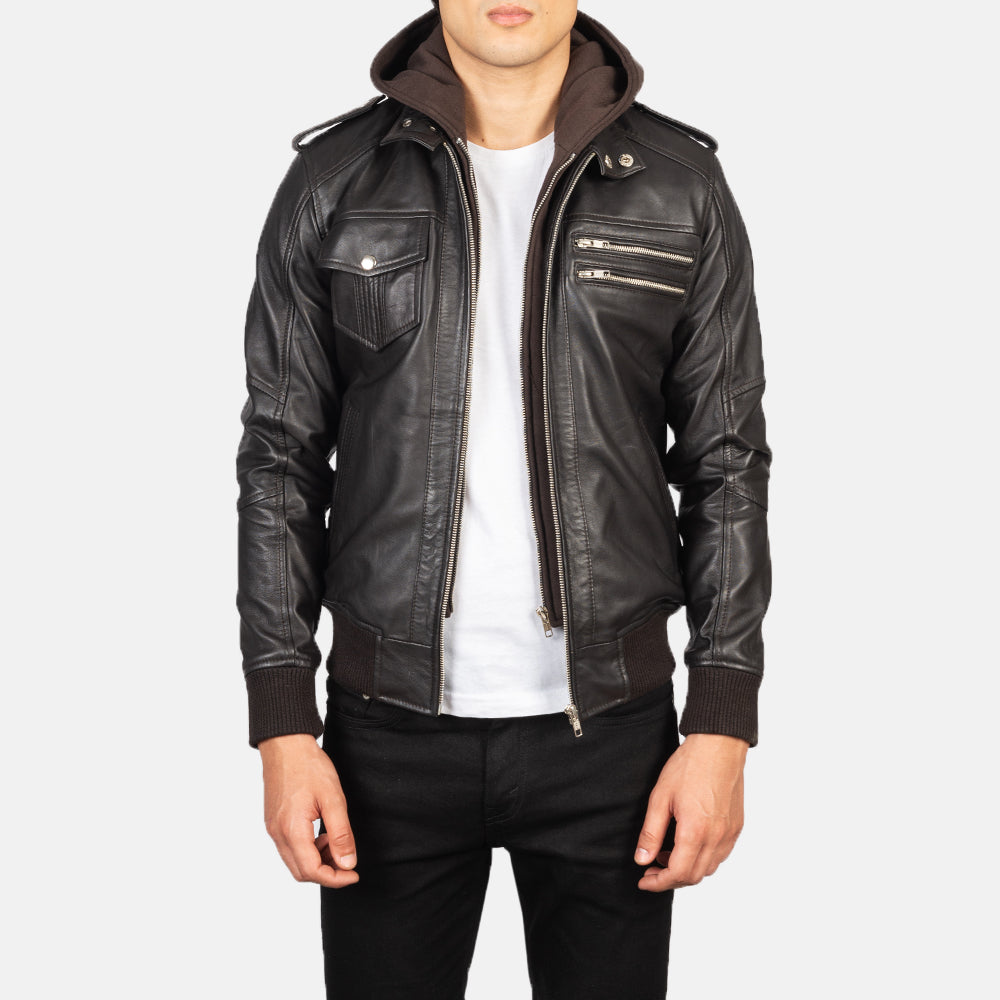 
Rib Knit & Hem Craftsmanship Construction Detail on Men's Bravado Black Hooded Leather Bomber Jacket