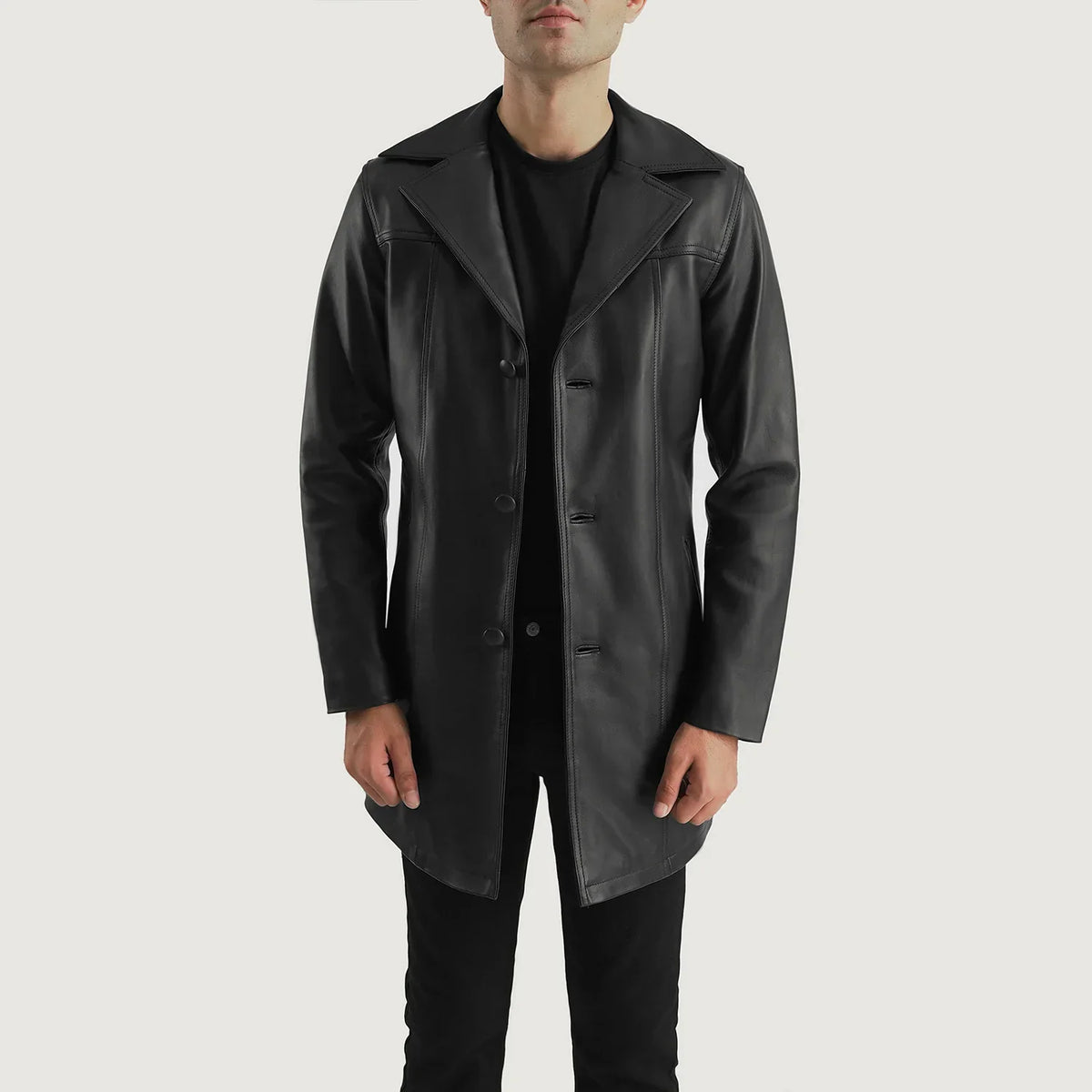
Brawnton Black Leather Coat in Black Cowhide Leather - Front Profile View & Tailored Silhouette | Buy Online