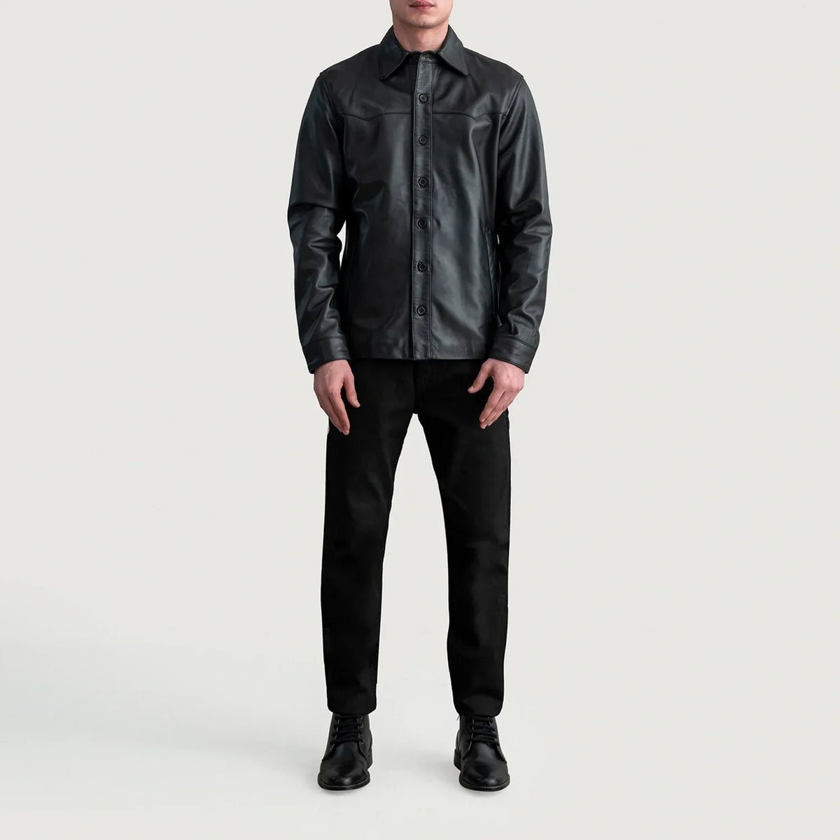 
Close-Up Detail of Shirt & Buttons Hardware on Bronco Black Leather Shirt