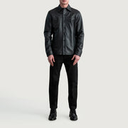 
Close-Up Detail of Shirt & Buttons Hardware on Bronco Black Leather Shirt