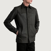 
Bronco Tumbled Brown Leather Shirt - Lateral Side Profile View Showing Sleeve Cut & Athletic Taper Fit