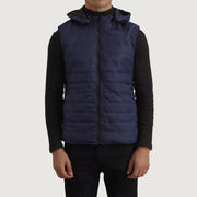 
Close-Up Detail of Classic Collar & Zipper Hardware on Carlo Blue Hooded Puffer Vest
