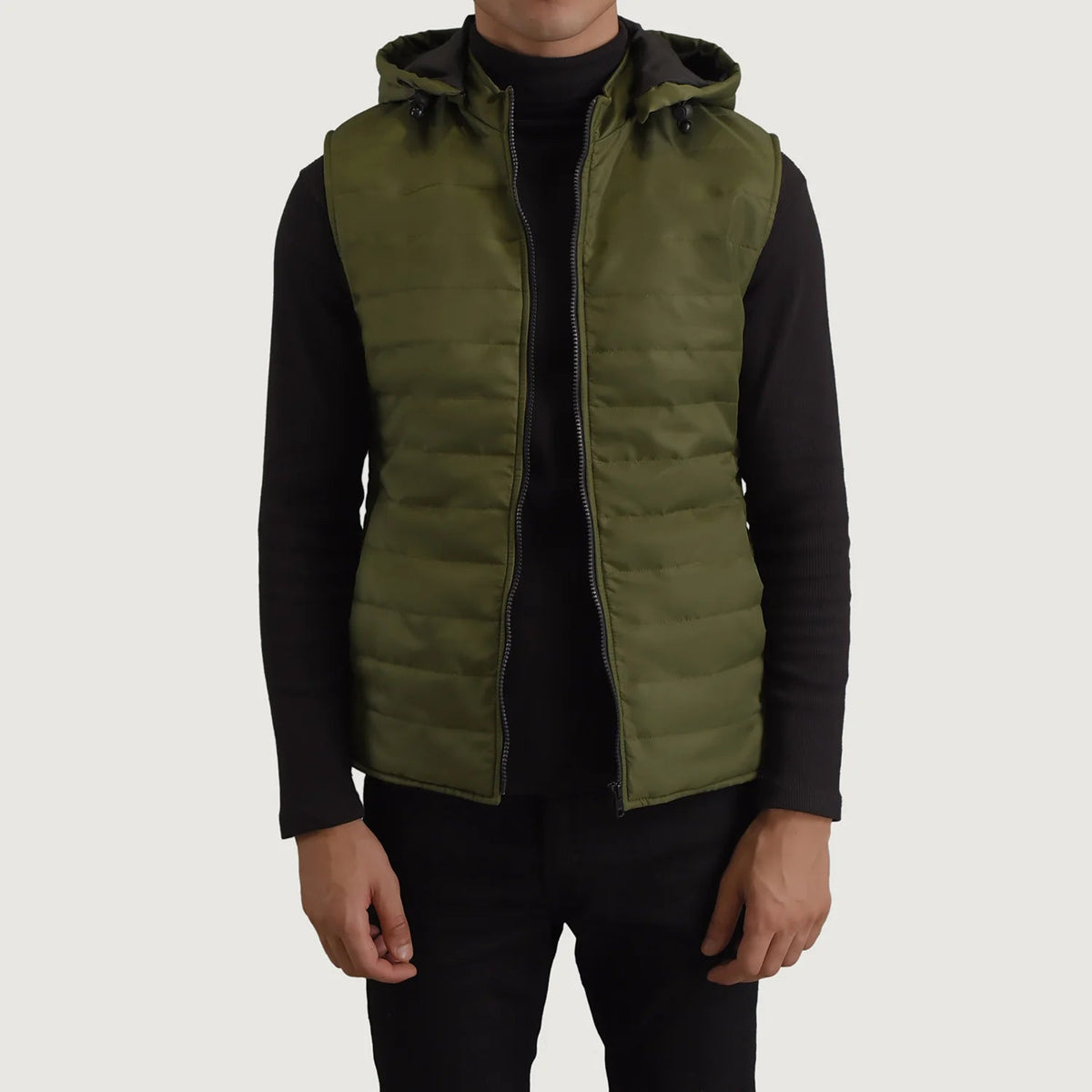 
Carlo Green Hooded Puffer Vest in Green Full-Grain Leather - Front Profile View & Tailored Silhouette | Buy Online