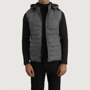 
Carlo Grey Hooded Puffer Vest in Green Full-Grain Leather - Front Profile View & Tailored Silhouette | Buy Online
