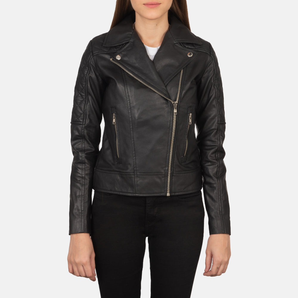 
Close-Up Detail of Notch & Zipper Hardware on Women's Carolyn Quilted Black Biker Jacket