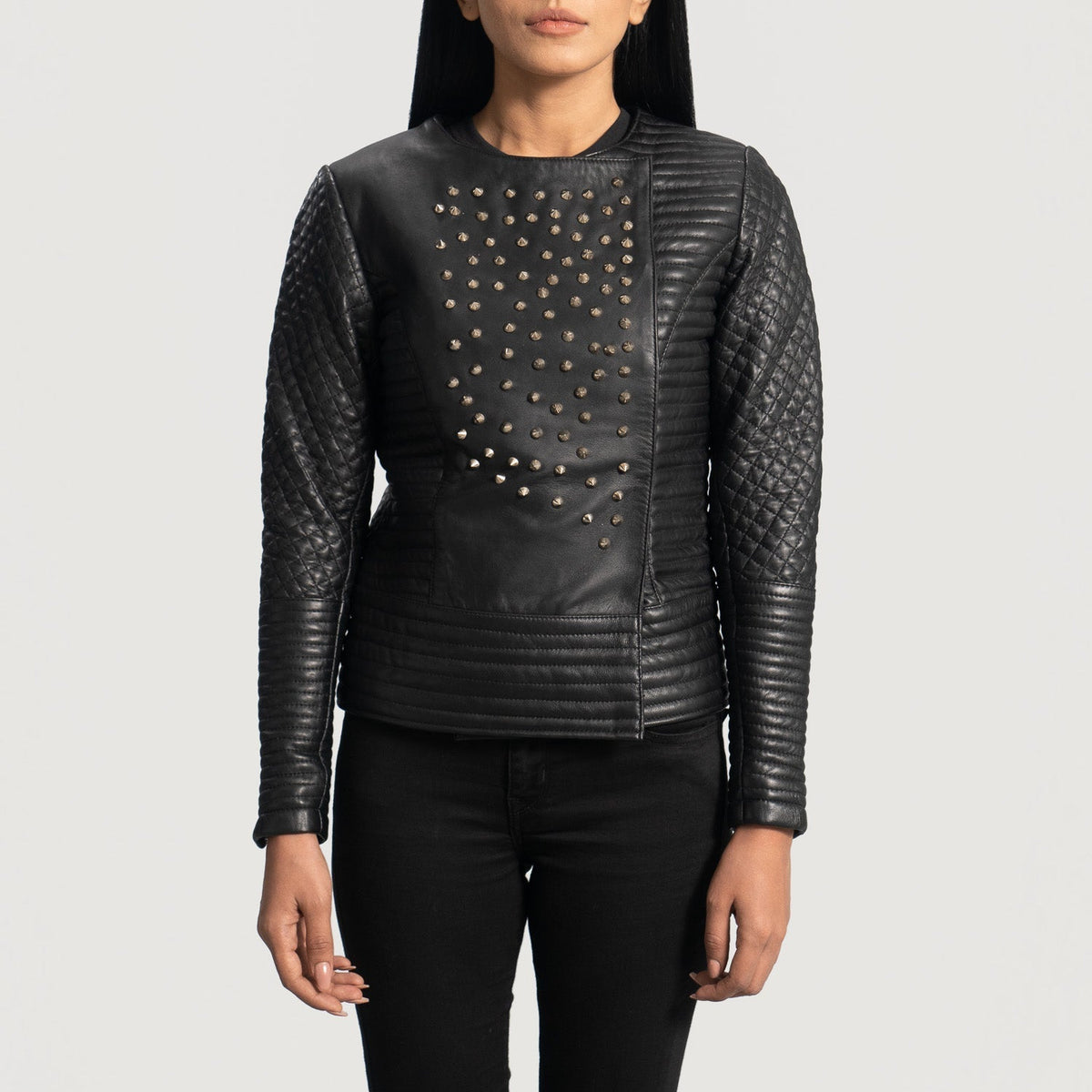 
Women's Celeste Studded Black Leather Jacket in Black Sheepskin Leather - Front Profile View & Tailored Silhouette | Buy Online
