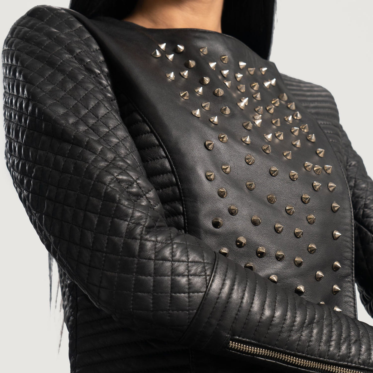 
Women's Celeste Studded Black Leather Jacket - Lateral Side Profile View Showing Sleeve Cut & Athletic Taper Fit