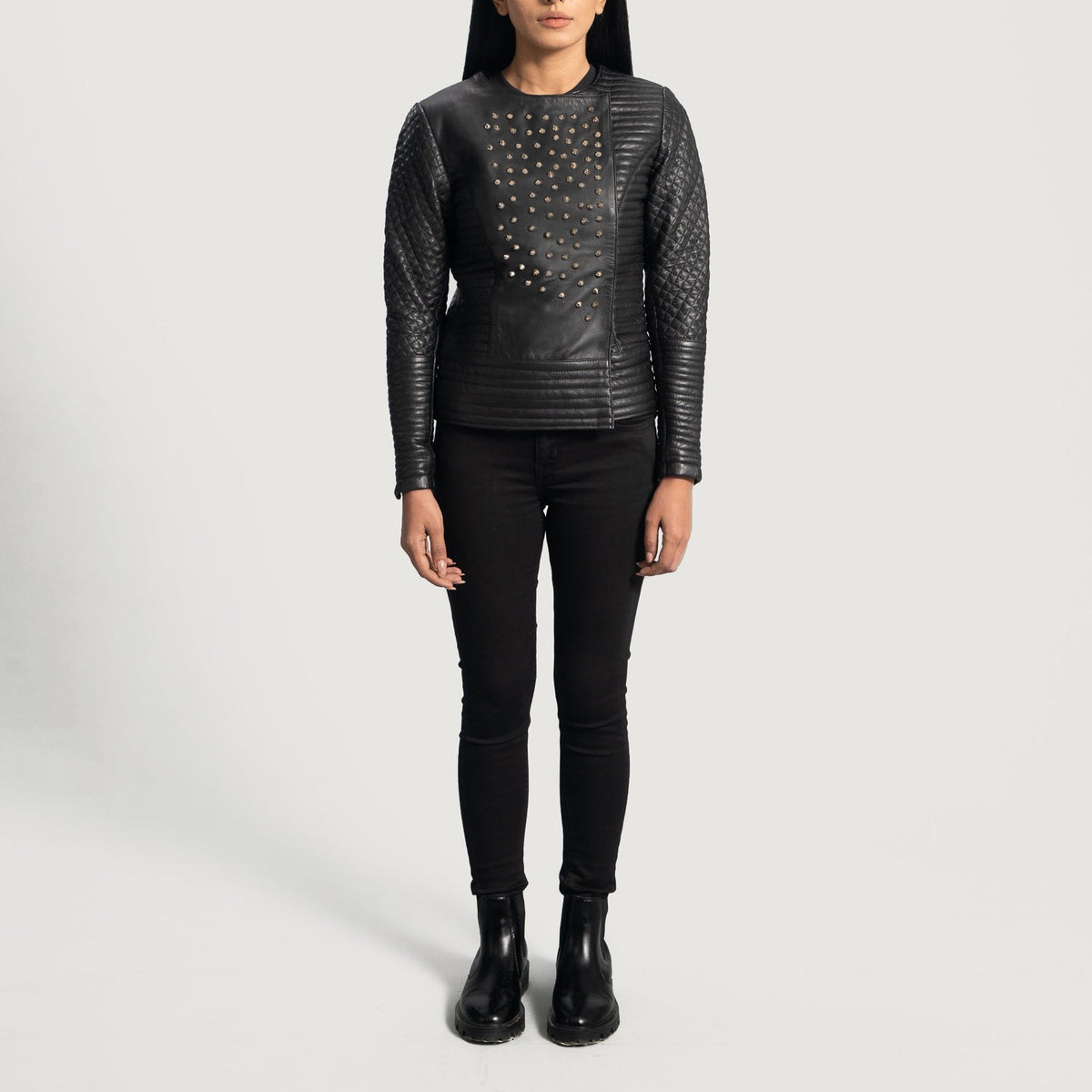 
Close-Up Detail of Classic Collar & Snap Button Hardware on Women's Celeste Studded Black Leather Jacket