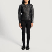 
Close-Up Detail of Classic Collar & Snap Button Hardware on Women's Celeste Studded Black Leather Jacket