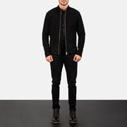 
Men's Charcoal Black Suede Biker Jacket - Lateral Side Profile View Showing Sleeve Cut & Athletic Taper Fit